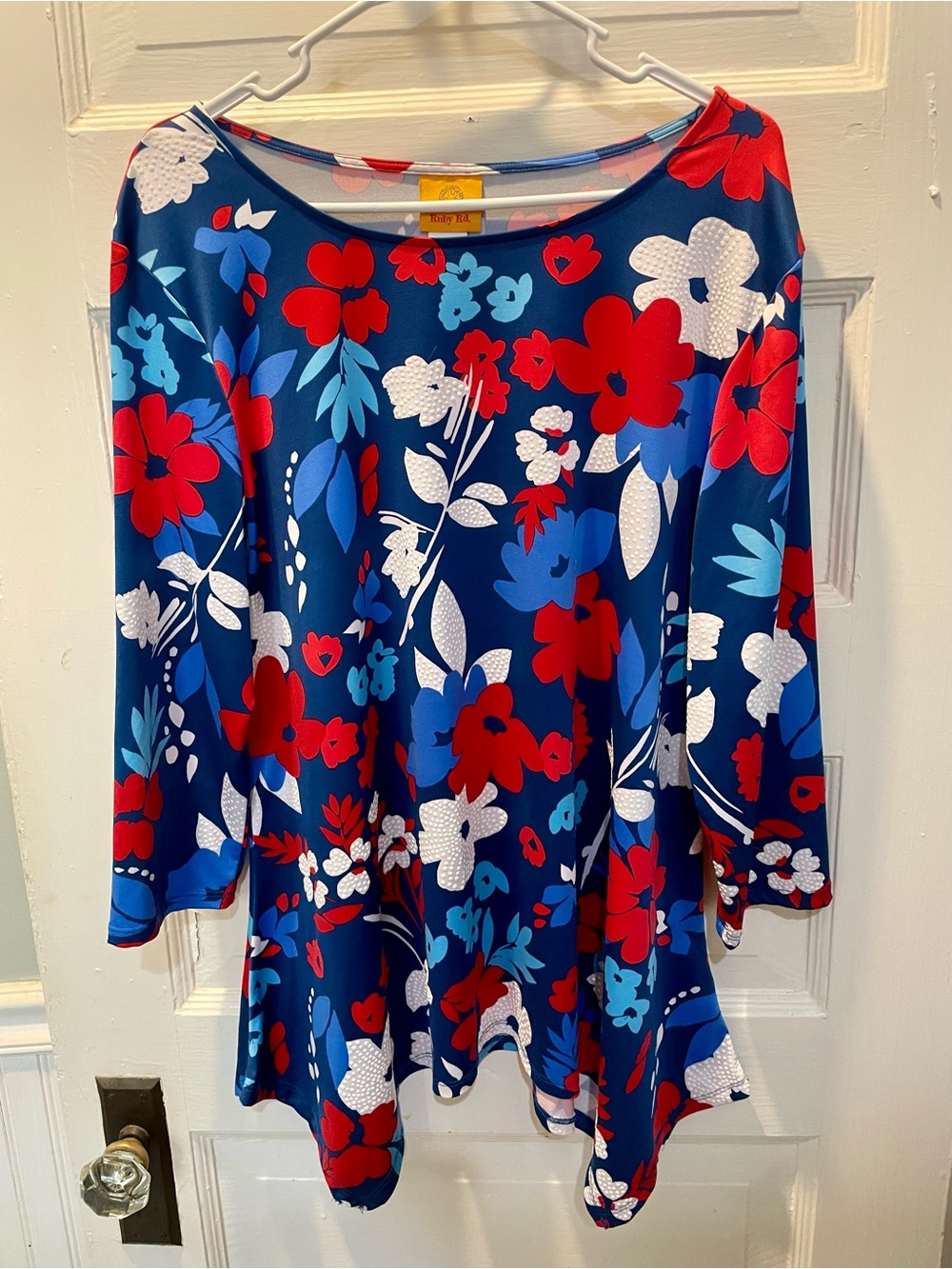 Navy Floral Tunic with Red & White Blooms, Large, Mod